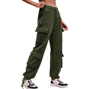 LUOGENLI Female Casual Pants Parachute Pants for Women Drawstring Elastic Waist Ruched Baggy Cargo Pants Multiple Pockets Jogger Pant Womens Casual Pants Elastic Waist Cotton Green S
