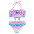 thumbnail image 3 of TiaoBug Girls 2 Pcs Mermaid Bikini Sets Shiny Halter Ruffles Crop Top with Triangle Brief Bathing Suit Tankini Pink&Blue 120, 3 of 5