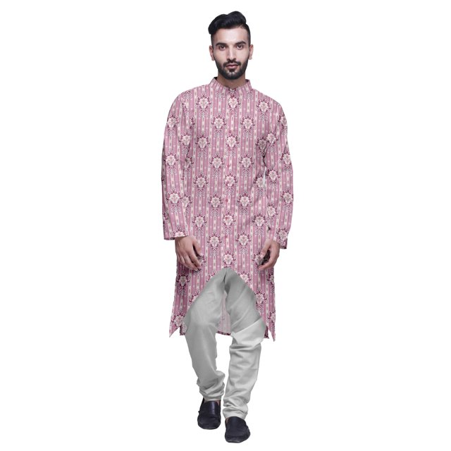 Atasi Printed Long Sleeve Kurta For Men Button Down Cotton Slub Ethnic Shirt