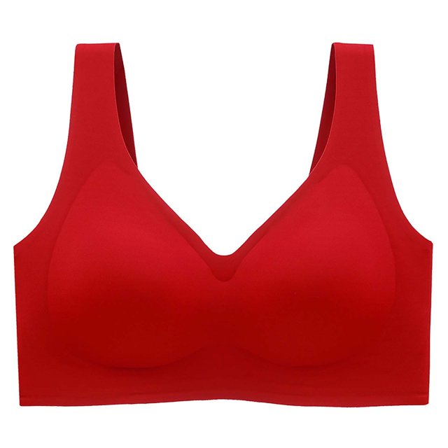 Plebaso Women's Wireless T Shirt Bras Seamless Full Coverage Bralettes in a vibrant red colour. This bra features a seamless design with wide straps for added comfort and support. Made from breathable and soft material, it is suitable for long-term wear and easy daily care. Ideal for various occasions such as daily wear, office work, or outdoor activities.