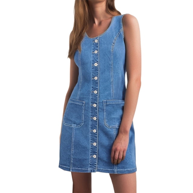 Robe en Denim pour Femme Grande Taille Sans Manches Boutonnée Décontractée d'Été Robe Mini en Jean avec Poches Appliquées Style Western Tendance