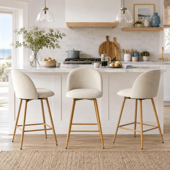 Homy Casa HASEEB Swivel Counter Height Bar Stools Set of 3, Cream Seats and Wood-Look Metal Legs