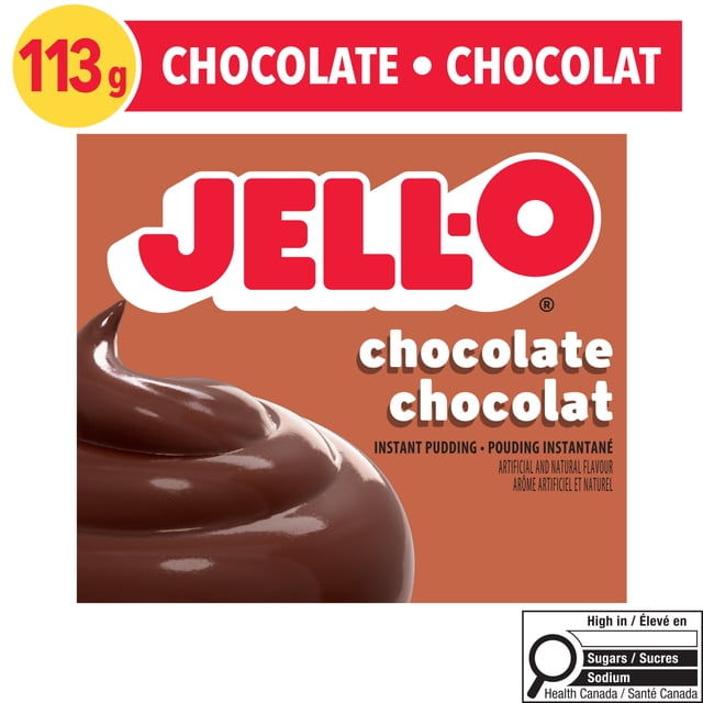 Jell-O Chocolate Instant Pudding Mix 113g box featuring a swirl of smooth chocolate pudding on a brown background with the red and white Jell-O logo and bilingual text, highlighting artificial and natural flavour and quick preparation for desserts or baking.