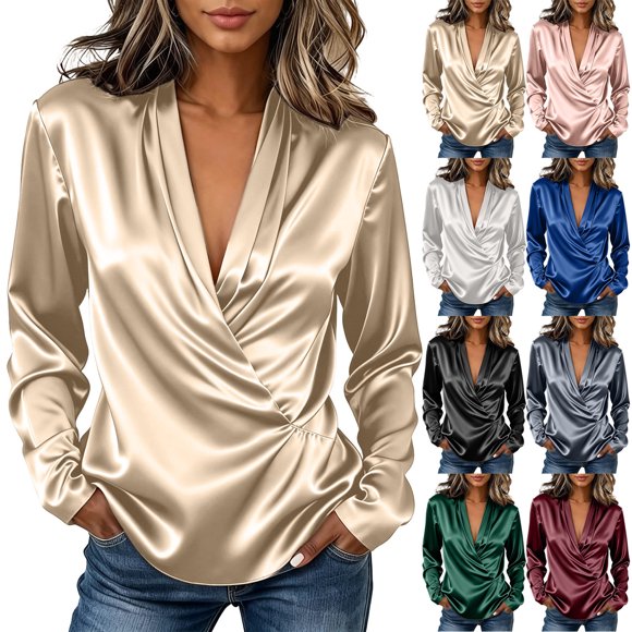 Hfnxid Long Sleeve Tops for Women Satin Wrap V Neck Shirts Silky Dressy Casual Business Shirt Going Out Party Blouses Gray XXXL
