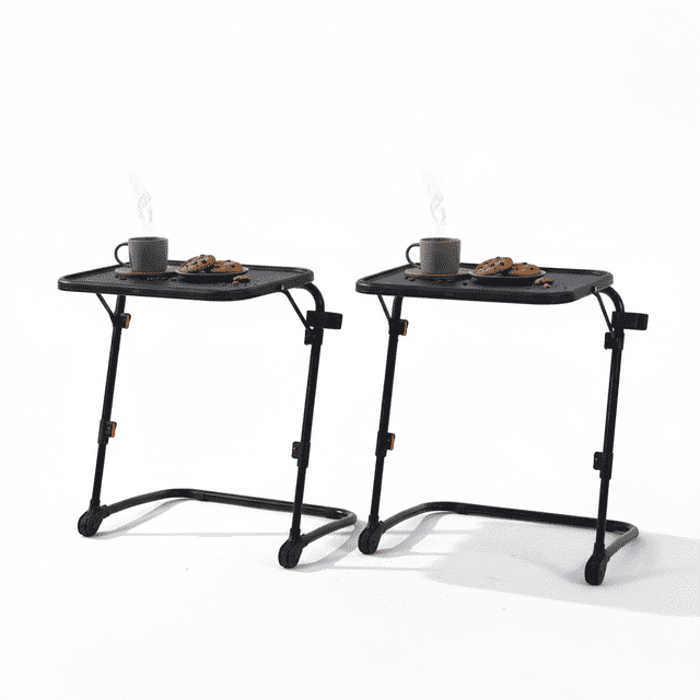 Homy Casa 2 Pack Dallas Industrial Folding TV Tray Table with Adjustable Height, black metal frame tables with rectangular tops, each featuring a built-in cup holder holding a steaming mug and chocolate chip cookies, height-adjustable legs and rolling wheels for portability, ideal for sofa or bedside use.