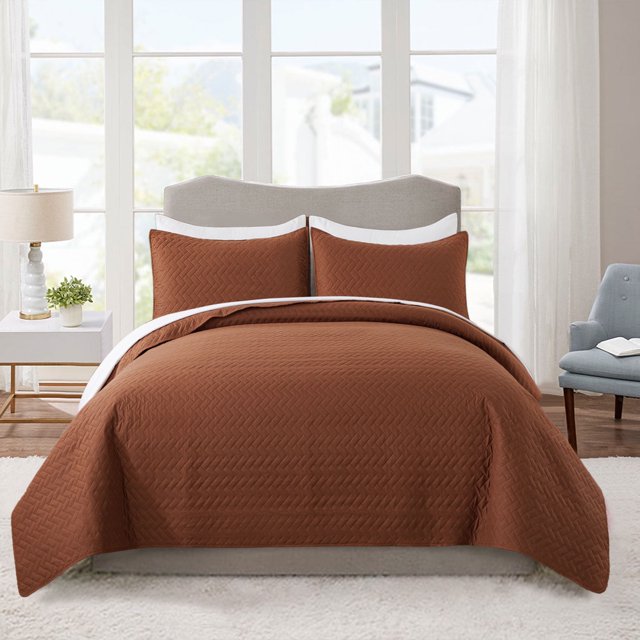 JML Quilt Set 3 Piece Microfiber Coverlet Shams Set, Soft Lightweight, Queen, Brown