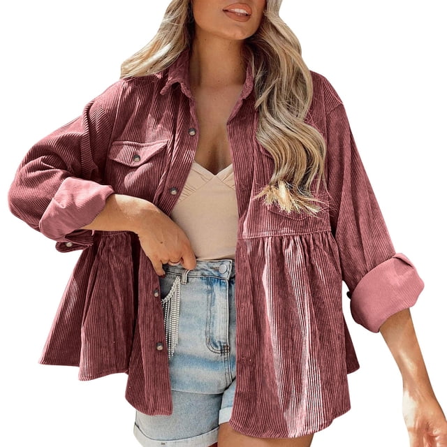 LIaqionyy Womens Corduroy Jacket Shackets Long Sleeve Button down Shirts Oversized Casual Blouses Tops