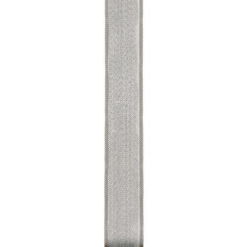 Offray 3/8 in. Aria Ribbon in silver mesh fabric, 10mm wide and 15ft long, ideal for floral arrangements, gift wrapping, decorative crafts, and trims, shown in a vertical close-up on a white background.
