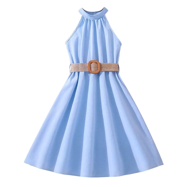 AJIWYH Robe de la Saint-Valentin pour Filles, Robe pour Enfants Couleur Unie à Tour de Cou, Collection Taille, Robe Bleu Pâle pour 7-8 Ans