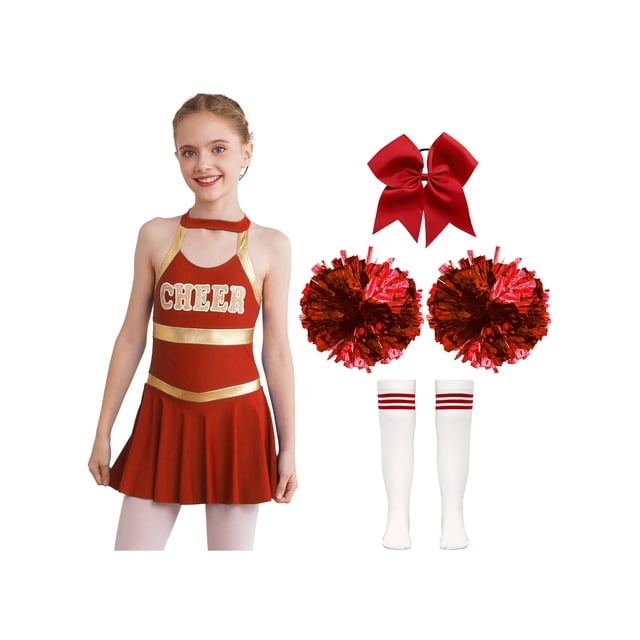 Runhomal Costume de Pom-Pom Girl pour Filles Enfants Halloween Carnaval Uniforme de Cheerleading Robe de Danse Sans Manches avec Pompons B Rouge 8