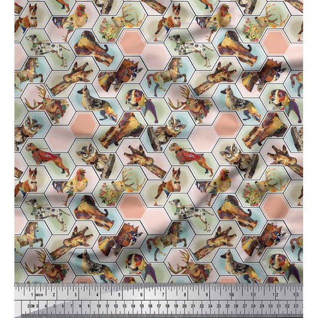 Soimoi Modal Satin Fabric Geometric,Bird & Animals Patchwork Print Fabric by The Yard 42 Inch Wide