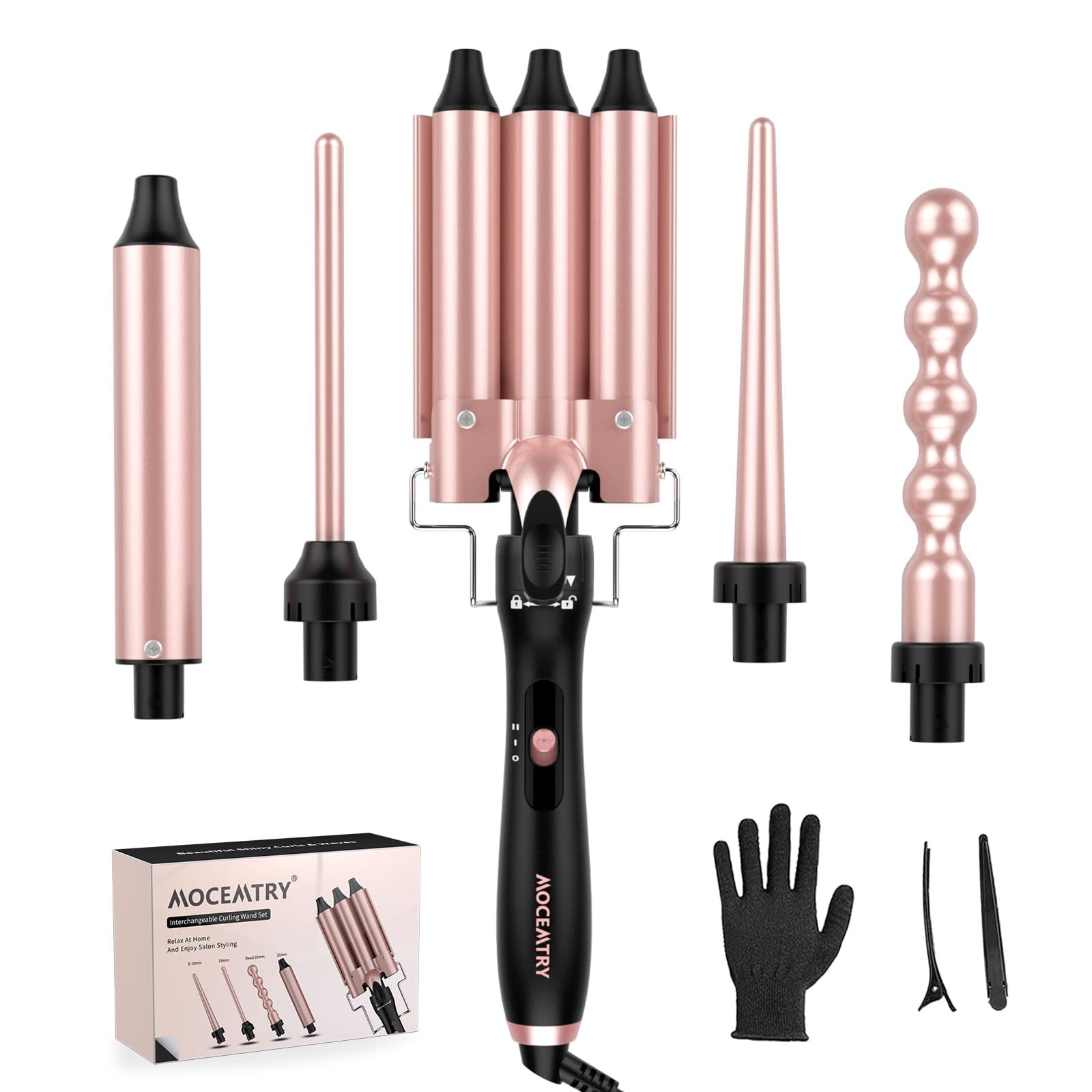 MOCEMTRY 5 in 1 Curling Wand Set with 3 Barrel Hair Crimper for Womenï¼Fast Heating Hair Wand Curler with Two Temp Control. (C528)