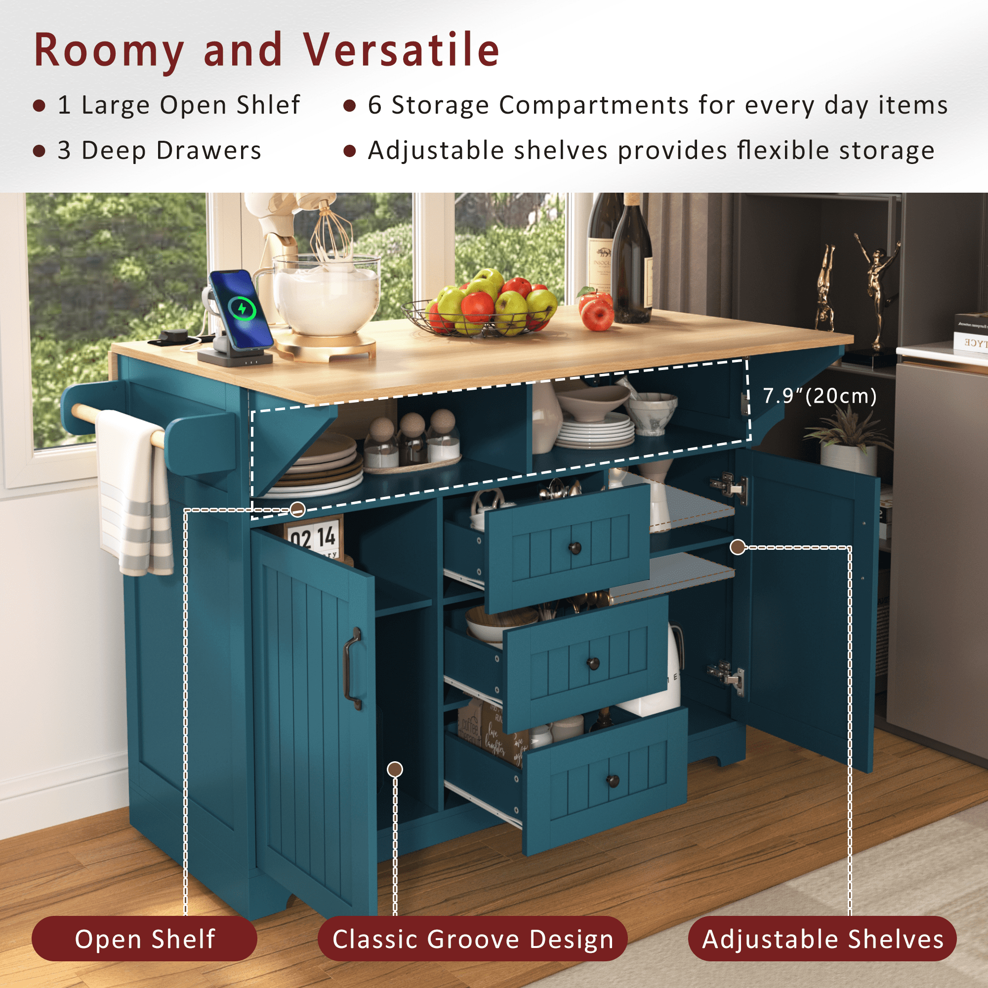 Noble House 55.7" Kitchen Island with 2 Drop Leaf, for 4-6 Seating,Green