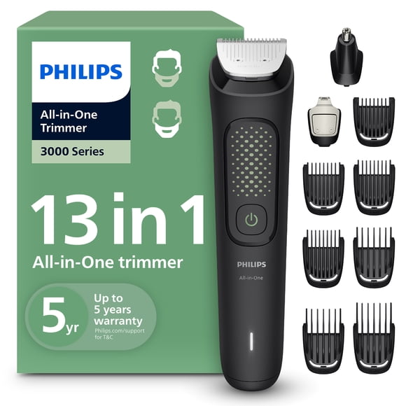 Philips Multigroom 3000 Series All-in-One 13-Piece Trimmer - Shaver and Clipper for Face, Head & Details, Self-sharpening Metal Blades, 8 Length Settings, Model MG3939/18