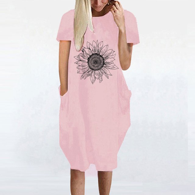 Robes d'Été Grande Taille pour Femmes 2024 Robe Décontractée Ample à Imprimé Tournesol Robe à Manches Courtes à Col en V Économisez jusqu'à 65 % de Rabais!