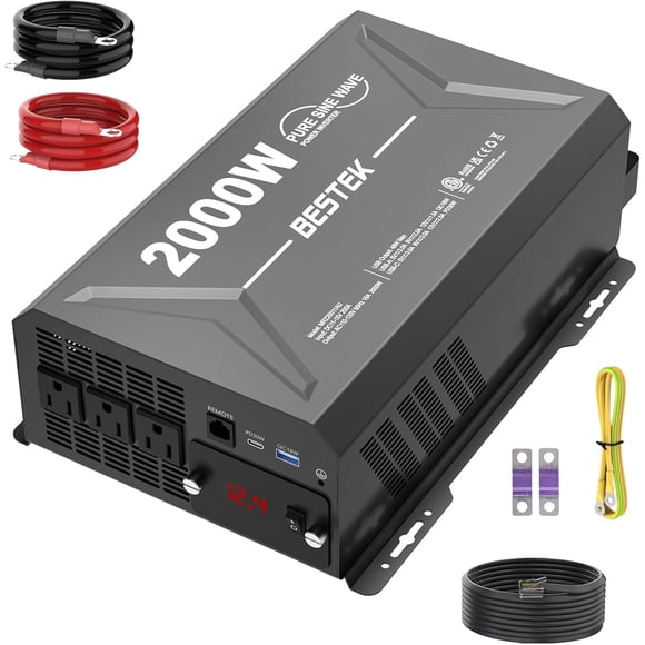 Onduleur à Onde Sinusoïdale Pure de 2000 Watts, 12 V C.c. à 110/120 V C.a. avec 3 Prises C.a., Télécommande, Port USB PD 3.0, QC 18 W, Télécommande, Écran DEL, pour Systèmes Solaires de VR, Semi-Remorque, Véhicules, Bateau