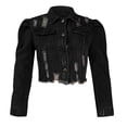 thumbnail image 4 of CEHVOM Veste en Denim pour Femmes, Courte, à Revers, Effilochée, à Boutons, à Manches Bouffantes, Coupe Ajustée, 4 of 6
