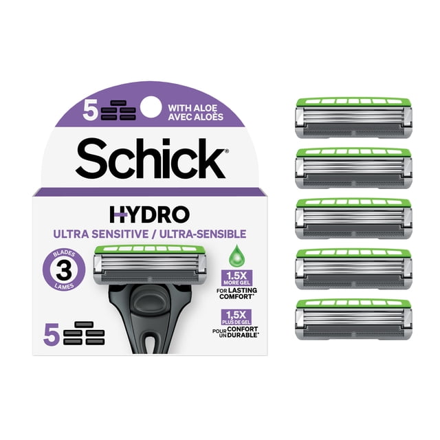 Schick Hydro Ultra Sensitive Refill pack with five 3-blade razor cartridges featuring green aloe gel strips for sensitive skin, designed to prevent irritation and razor bumps, ideal men's blade refills for a close, comfortable shave.