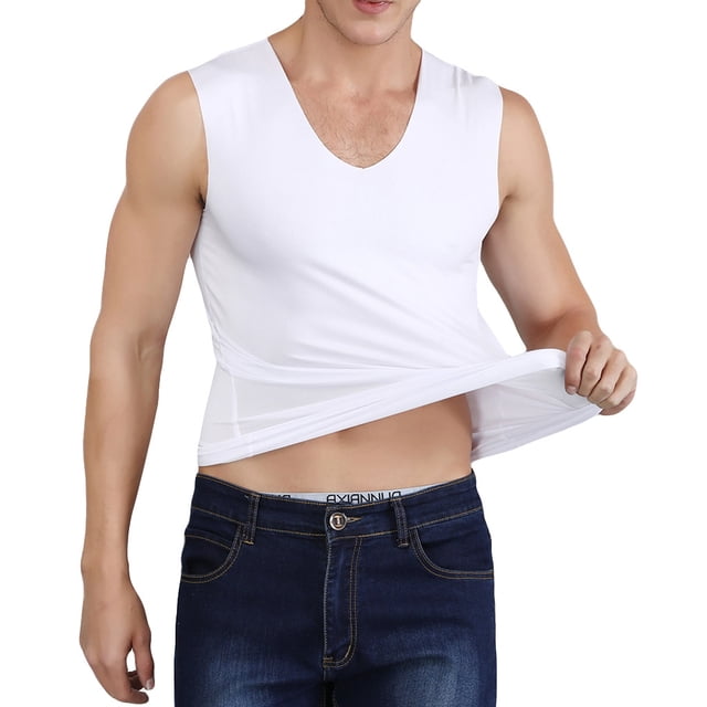 Mens Summer Ice Silk Traceless Thin Breathable Pure Color V-neck Sleeveless Top