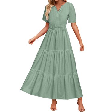 LOVZFMLL Robes d'Été pour Femmes 2025 Robes Maxi Boho Décontractées Col en V Manches Courtes Ligne A Taille Empire Longue Fluide Robe de Plage Vert G