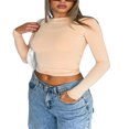 thumbnail image 1 of Women‘s Y2K Slim Crop Tops Solid Color Long Sleeve  Neck T-Shirts Basic Tee Yoga Workout Tops, 1 of 6