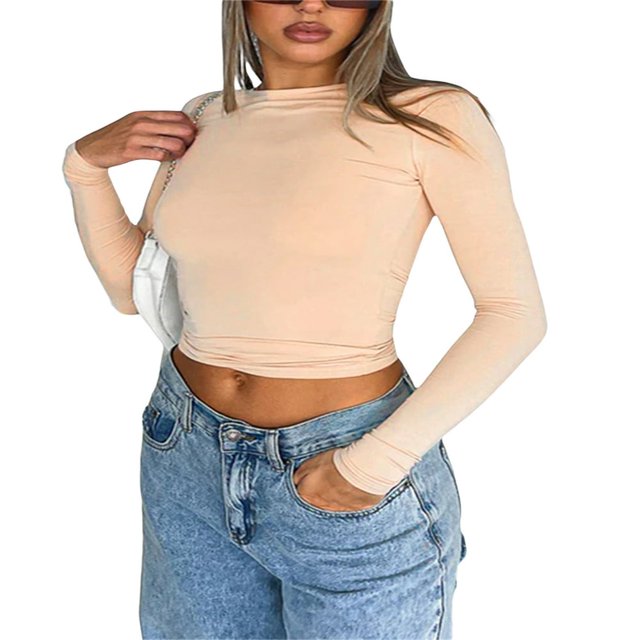 Women‘s Y2K Slim Crop Tops Solid Color Long Sleeve Neck T-Shirts Basic Tee Yoga Workout Tops