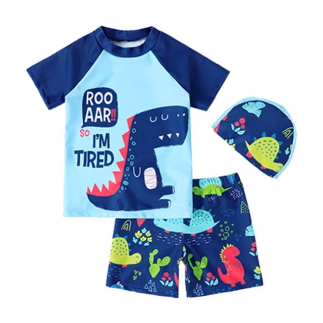 Sunnyoo Little Boys Cartoon Dinosaur Print Short Sleeve Rash Guard Swimsuit, 2-Piece