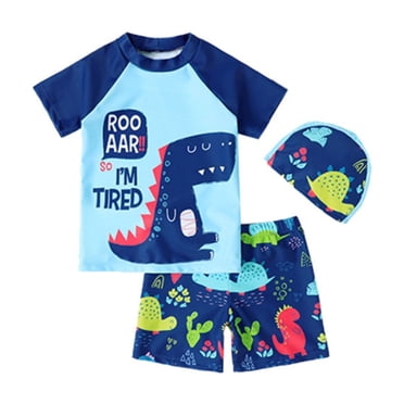 PMVFHDE Toddler Boys' 2-Piece Swim Set - Long Sleeve Rash Guard & High-Waist Quick-Dry Trunks with Cartoon Animal Print for Beach/Pool 1-Red,3-4 Years
