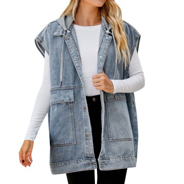 TJAZFJPA Vest for Women with Hood Women Lapel Loose Blouse Fashion Loose Denim Waist Coat Sleeveless Vest Button Hooded Detachable Coat Womens Vests Fashion Casual Black Quilted Vest Women