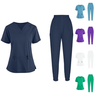 Sentmoon Ensembles d'Été Deux Pièces pour Femmes 2025 Chemisiers à Manches Courtes à Col en V Couleur Unie Poche avec Taille Élastique Bas Resserré Pantalons Longs Nettoyage à Sec Vêtements à la Main Vêtements d'Infirmière Ensembles Costume