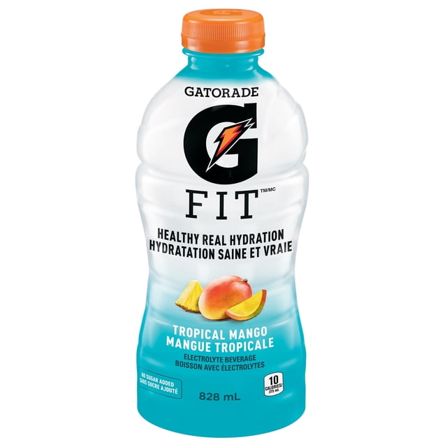 Gatorade Fit Boisson Électrolytique à la Mangue Tropicale Bouteille de 828 ml avec Dégradé Bleu et Bouchon orange, Mettant en Vedette le logo et le Texte Gatorade Favorisant une Vraie Hydratation Saine, Sans Sucre Ajouté, 10 calories et des Électrolytes Naturels, Convient à l'Hydratation Sportive et au Rechargement Quotidien en Électrolytes.