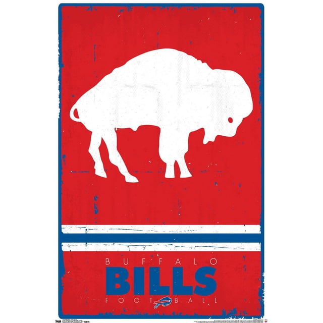 NFL Buffalo Bills - Affiche Murale Rétro Logo 15, 22,375 Pouces x 34 Pouces Mettant en Vedette une silhouette de Buffle Blanc Centrée sur un Fond Rouge Vieilli avec Bordure Bleue. En Dessous, « Buffalo Bills FOOTBALL » Est Imprimé en Bleu et Blanc avec le Logo de Buffle en Chargement de l'Équipe. Cette Affiche d'Art Mural Brillante Est Idéale pour la Déco de la Maison, les Résidences Étudiantes Ou les collections de Fans de Sport.