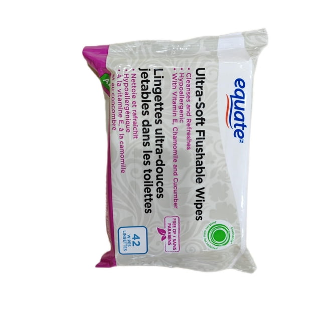 Ultra Soft Flushable Wipes by Equate, white and gray package with purple trim, containing 42 scented, hypoallergenic wipes with vitamin E, chamomile, and cucumber, ideal for gentle cleansing and refreshing in household flushable wipes and cleansing cloths.