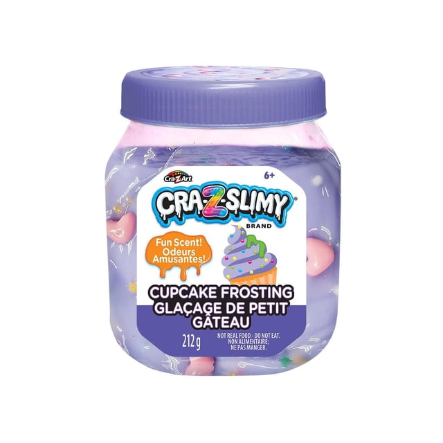 Cra-Z-Art Cra-Z-Slimy slime Parfumé Amusant en Saveur de Glaçage cupcake, dans un Pot Transparent avec un Couvercle Violet, Montrant du slime Violet Pâle avec des Perles Colorées et des Formes de Cœur Roses, 212 g, Parfait pour le Jeu Sensoriel et les arts et Bricolages pour Enfants de 6 Ans et Plus.