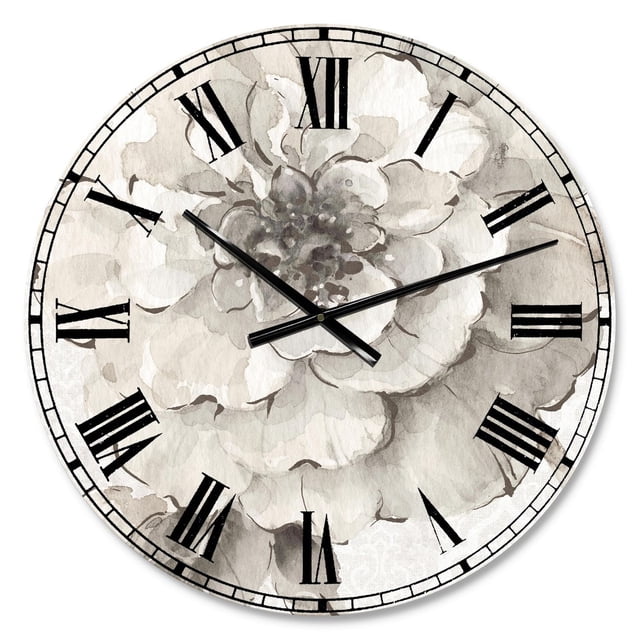 Designart 'Indigold Grey Peonies I' Traditional wall clock with a round face featuring a large grey peony watercolor design on a glossy aluminum panel, black Roman numerals, and black hour, minute, and second hands, ready to hang and suitable as a modern oversized wall clock focal point.