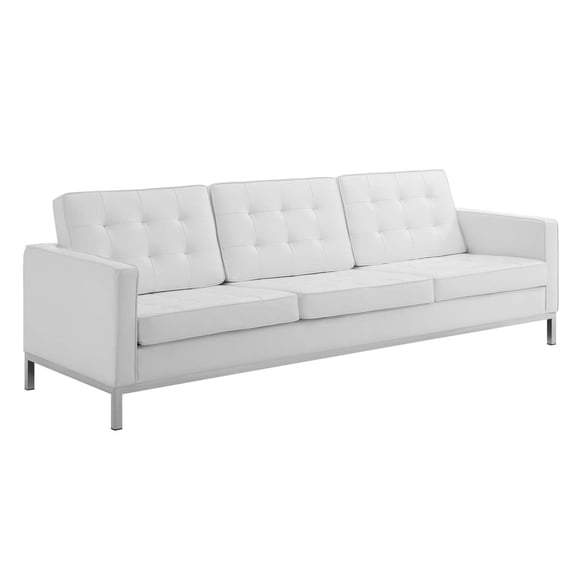 Modway Loft Tufted Vegan Leather Stainless Steel Sofa in Silver/White