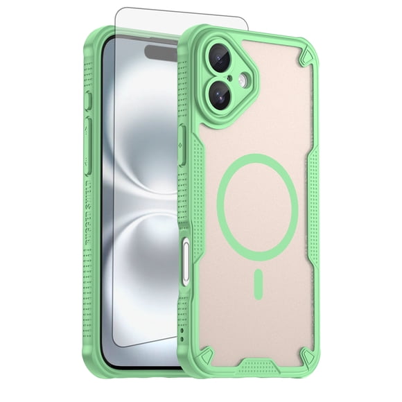 Asuwish Compatible with iPhone 16 Plus 6.7 inch Phone Case Tempered Glass Screen Protector Slim Magnetic Translucent Matte Back Shockproof Hybrid Protective Cover for i Phone16 iP16+ Women Men Green