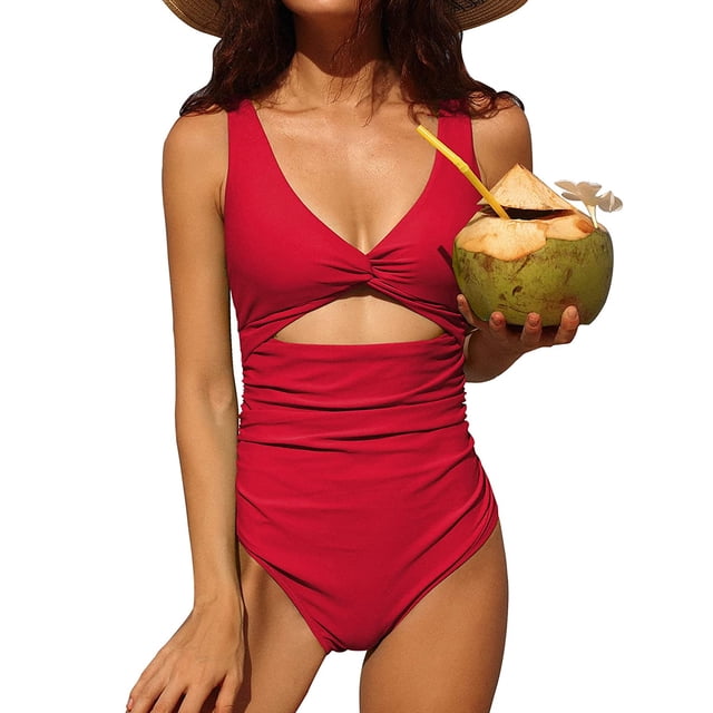 Charmo Womens One Piece Swimsuit with ruched tummy control, V-neckline, and cutout crisscross detail in a bold red color. Made from 82% nylon and 18% spandex, this women's swimwear features removable padded bras, adjustable straps, and a buckle-up back for comfort and support. Ideal for swimming, beach vacations, and pool parties.