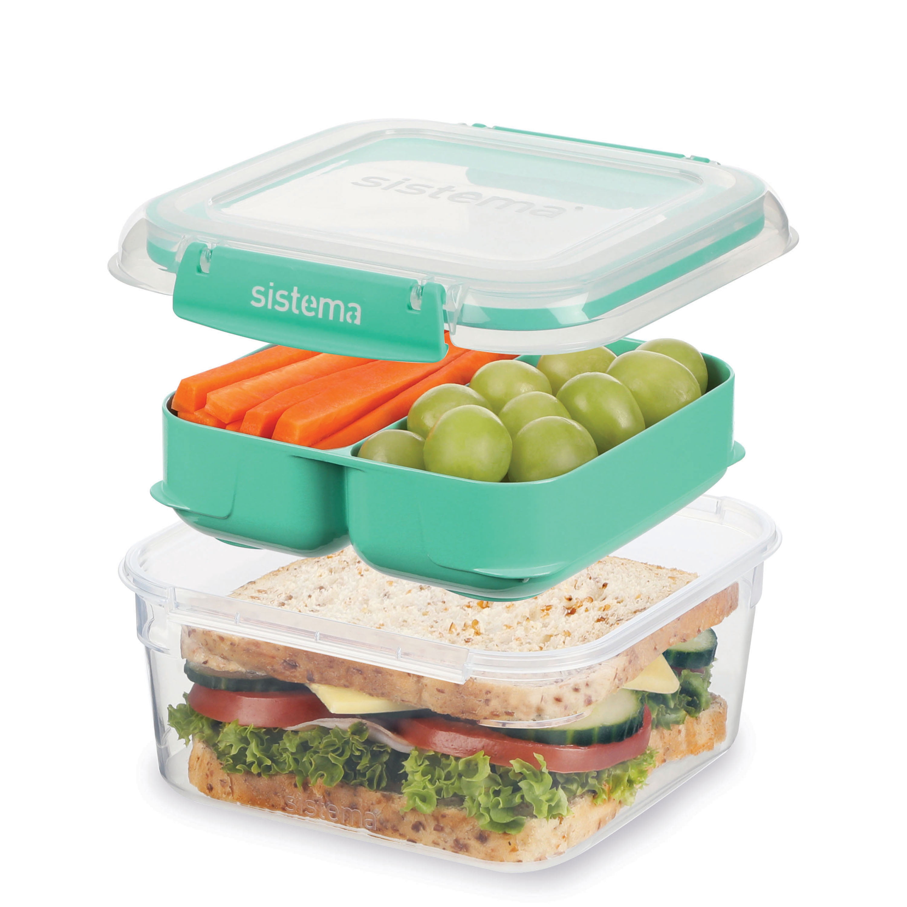 Récipient de conservation alimentaire à emporter Sistema Stax, 1,15 l, boîte hermétique compartimentée, empilable, fermeture antifuite, clips de fermeture facile, sans BPA