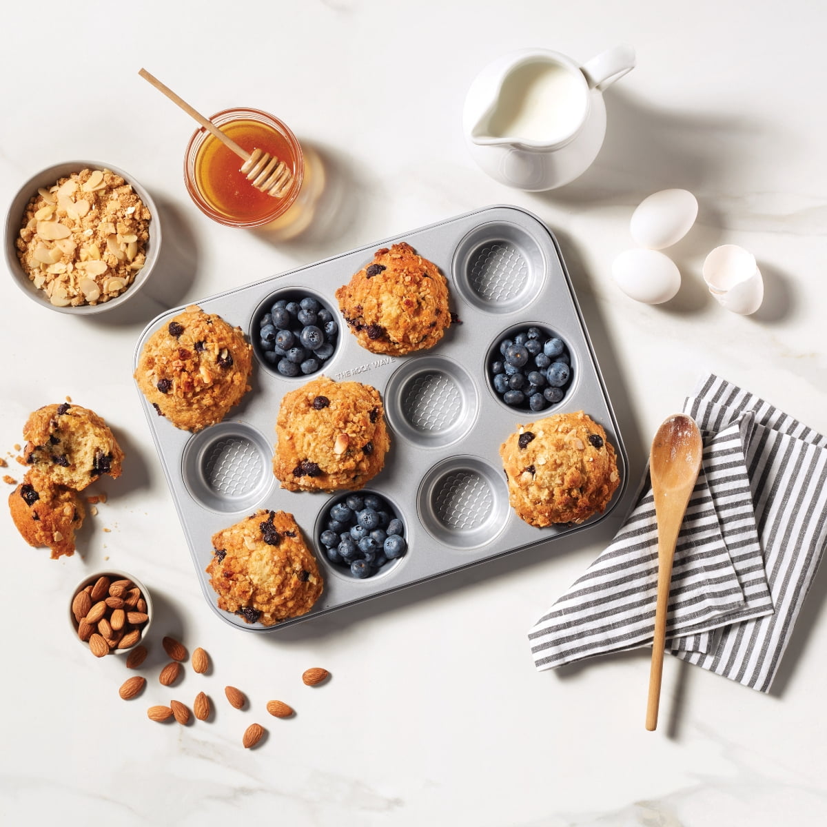 The Rock Wave 12-Cup Muffin Pan, Heavy Gauge Carbon Steel Construction, Non-Stick, No PFAS, No PFOA