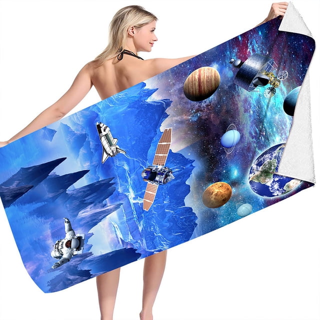 Astronaut Theme Beach Towel - Fun Printed Microfiber, Sandproof & Lightweight for Kids & Adults - 28x60 Inch