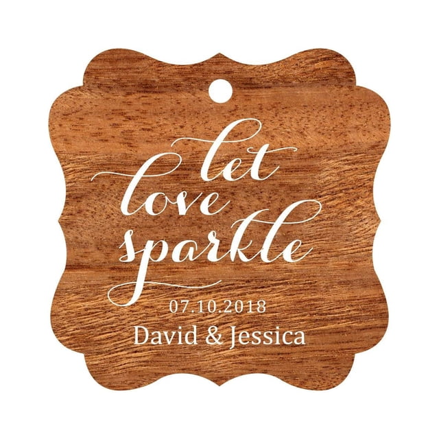 Darling Souvenir Custom Let Love Sparkle Wedding Hang Tags Personalized Fancy Frame Paper Tags -Rustic Wood-50 Tags
