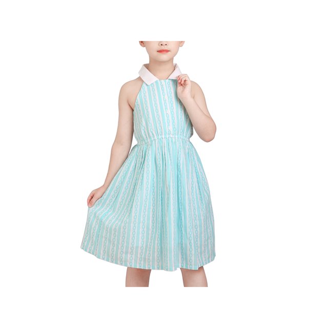 Robe Fille Dos Nu Bleu Blanc à Rayures Été Coton Sans Manches 10 Ans