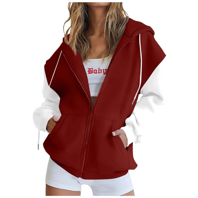 Womens Zip Up Hoodies Casual Color Block Long Sleeve Hooded Coat Fall Winter Trendy Comfy Daily Jacket with Pockets Wine XL