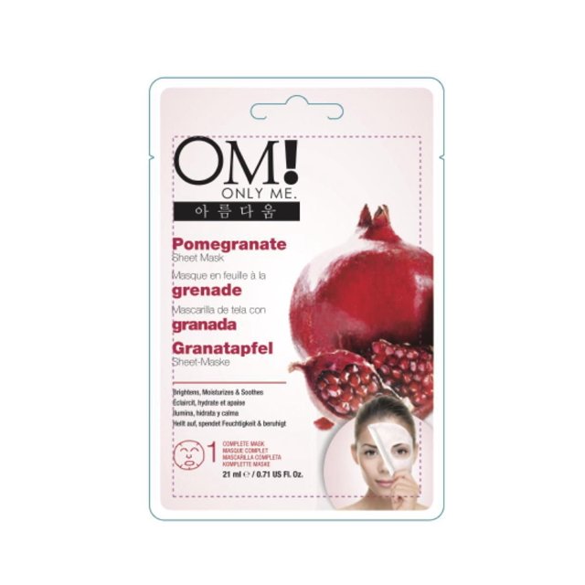 OnlyMe! Pomegranate Sheet Mask packaging showing a front-facing single-use facial mask sachet with a large pomegranate graphic and multilingual text highlighting moisturizing, brightening, and pore-tightening benefits for skin hydration and day use.