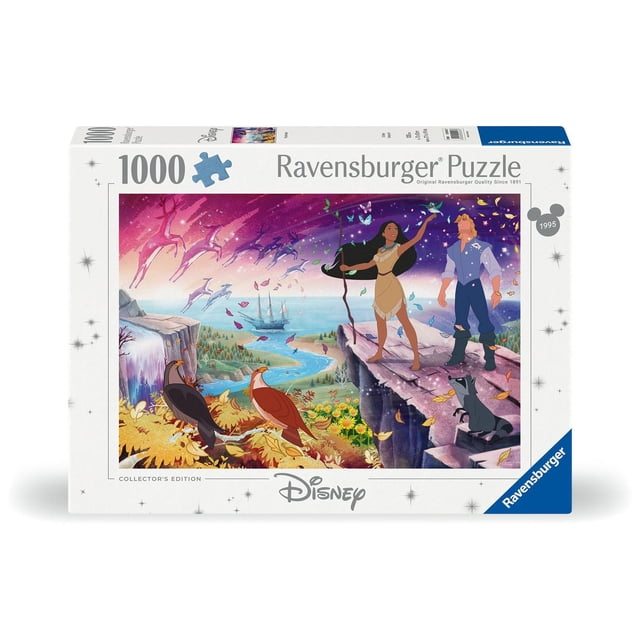 Ravensburger Pocahontas Collectionneurs Pocahontas Casse-Tête Mettant en Vedette un Casse-Tête de 1000 Pcs et John Smith Debout sur une Falaise Entourés de Feuilles d'Automne Colorées, d'Animaux Meeko et Volants, d'Une Rivière Qui Coule, d'Une Cascade et d'Un Voilier en Arrière-Plan sous un Ciel Crépusculaire.