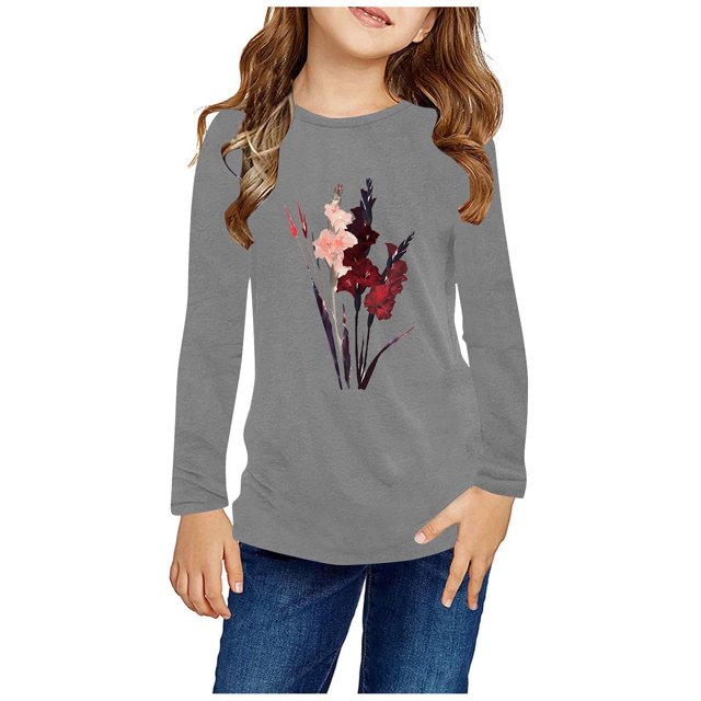 RXIRUCGD Chemises à Manches Longues pour Filles, Col Rond Mignon, Blouses Décontractées Élégantes (Gris, Taille : 7 Ans)