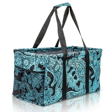 Lucazzi Grand Sac Fourre-Tout Utilitaire - Panier Rectangulaire en Toile Surdimensionné Pliable Réutilisable avec Cadre en Fil Métallique et Deux Poches Extérieures pour Plage, Piscine, Buanderie, Coffre de Voiture, Rangement - Bleu Cachemire