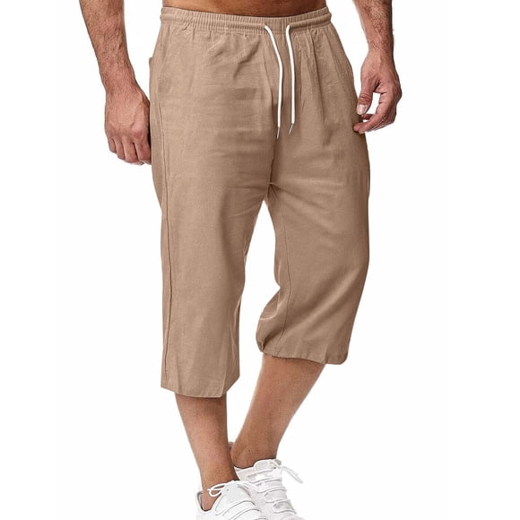 Lovzfmll Men's Cropped Pants, Linen Drawstring Relaxed Fit Straight Leg with Pocket, Casual Loose Fit 7/8 Length Pants
