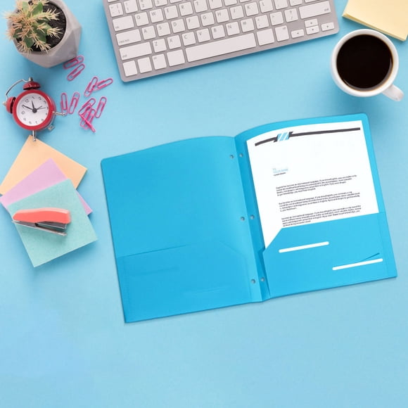 2-Pack Blue 3-Hole Plastic Pocket Folders, Heavy Duty Letter Size File Organizer for School & Office, Document Binder Holder
